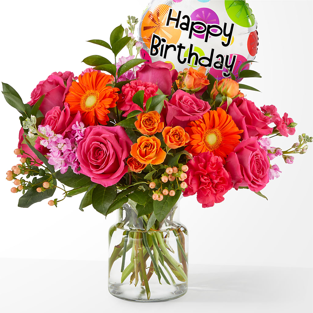 Fiesta Bouquet with Birthday Balloon – Salon Diane Aubin Fleuriste Inc., Jonquiere PQ