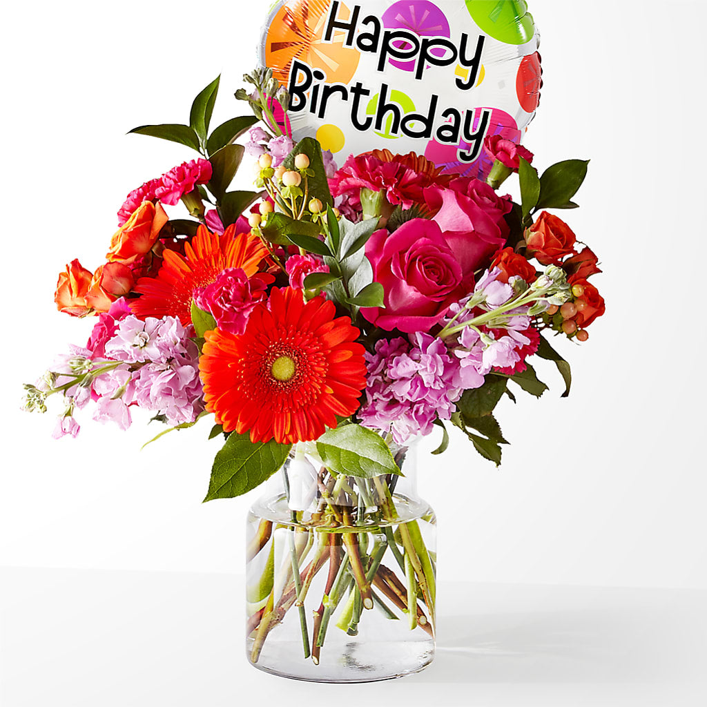 Fiesta Bouquet with Birthday Balloon – Salon Diane Aubin Fleuriste Inc., Jonquiere PQ