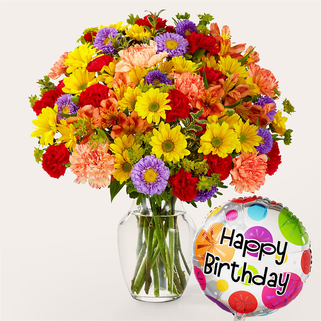 Kaleidoscope Bouquet with Birthday Balloon – Salon Diane Aubin Fleuriste Inc., Jonquiere PQ