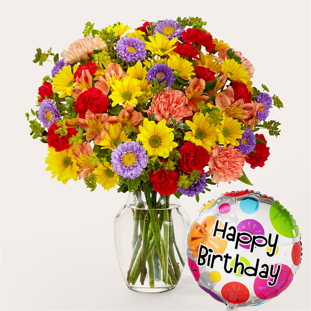 Kaleidoscope Bouquet with Birthday Balloon – Salon Diane Aubin Fleuriste Inc., Jonquiere PQ