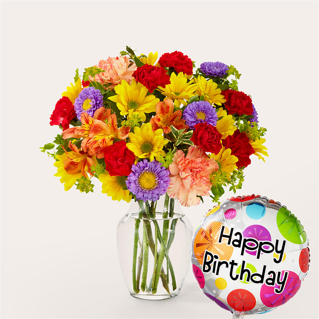 Kaleidoscope Bouquet with Birthday Balloon – Salon Diane Aubin Fleuriste Inc., Jonquiere PQ