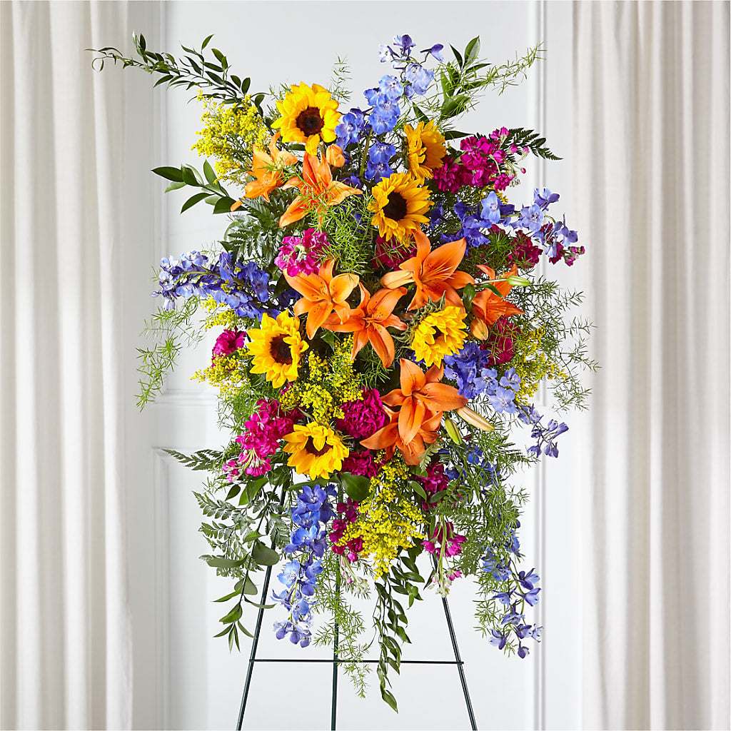 Sunlit Memories Standing Spray (Standard) – Salon Diane Aubin Fleuriste Inc., Jonquiere PQ