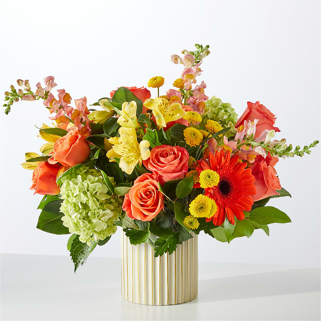 Autumn Sunshine Bouquet with Ivory Vase – Salon Diane Aubin Fleuriste Inc., Jonquiere PQ