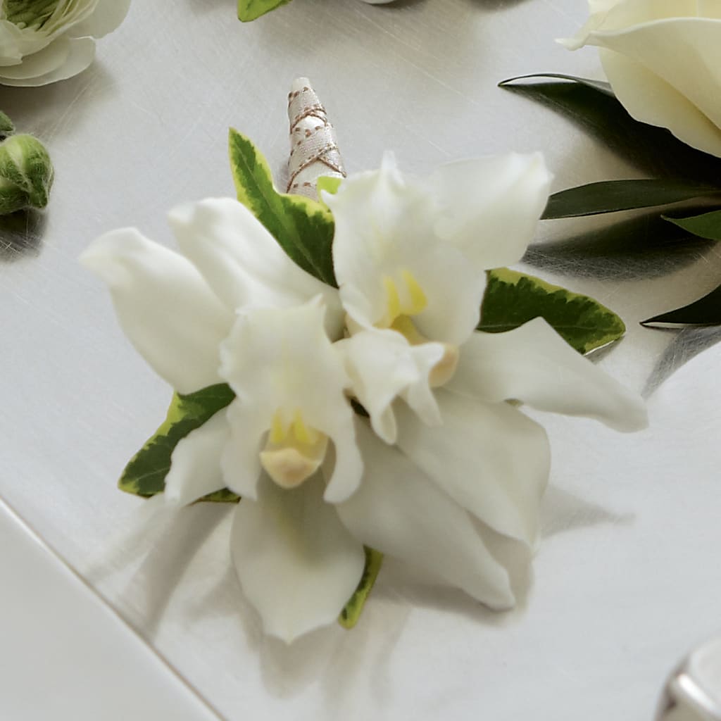 White Mini Cymbidium Boutonniere – Salon Diane Aubin Fleuriste Inc., Jonquiere PQ