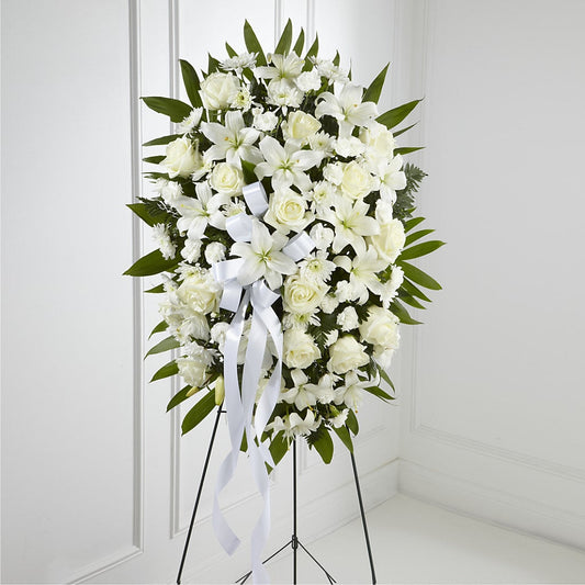 Bouquet de fleurs sur pied Exquisite Tribute - Ruban blanc