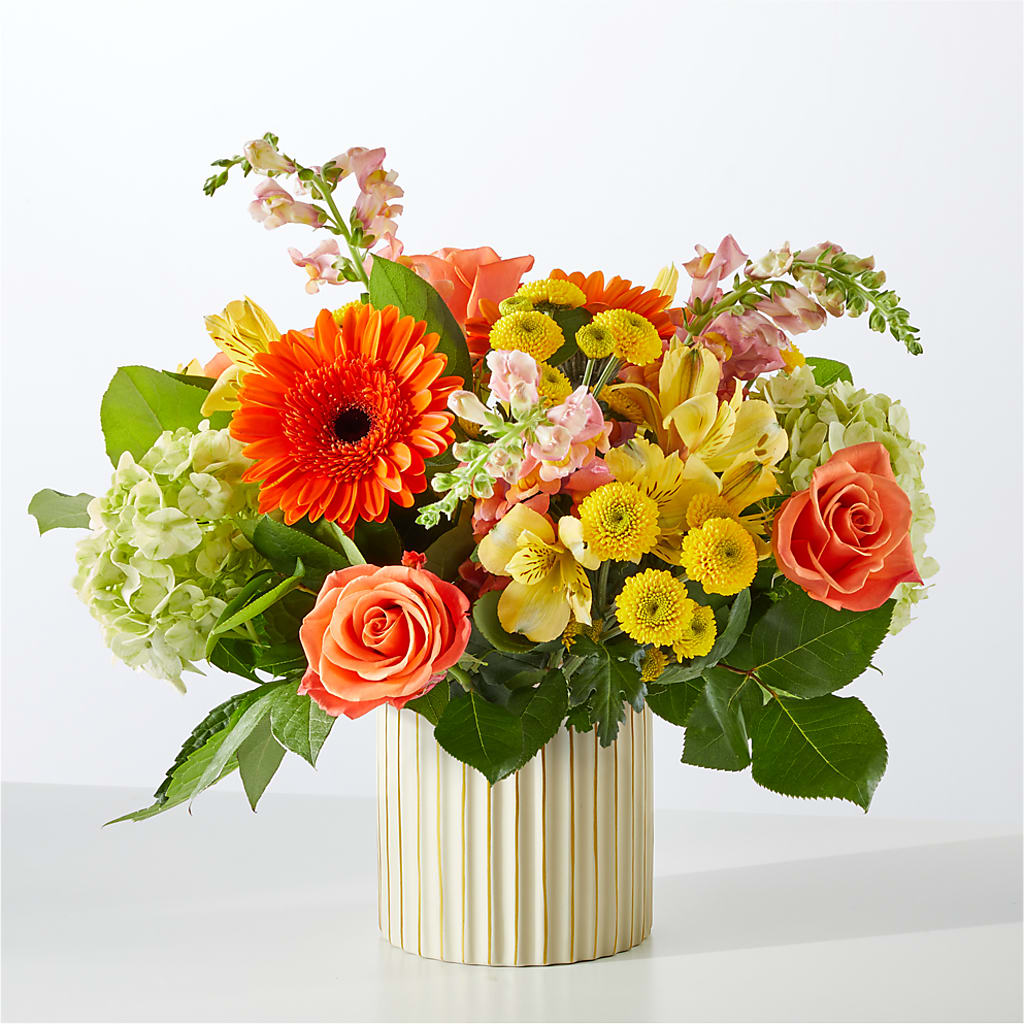 Autumn Sunshine Bouquet with Ivory Vase –  Salon Diane Aubin Fleuriste Inc., Jonquiere PQ