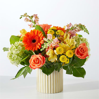 Autumn Sunshine Bouquet with Ivory Vase –  Salon Diane Aubin Fleuriste Inc., Jonquiere PQ